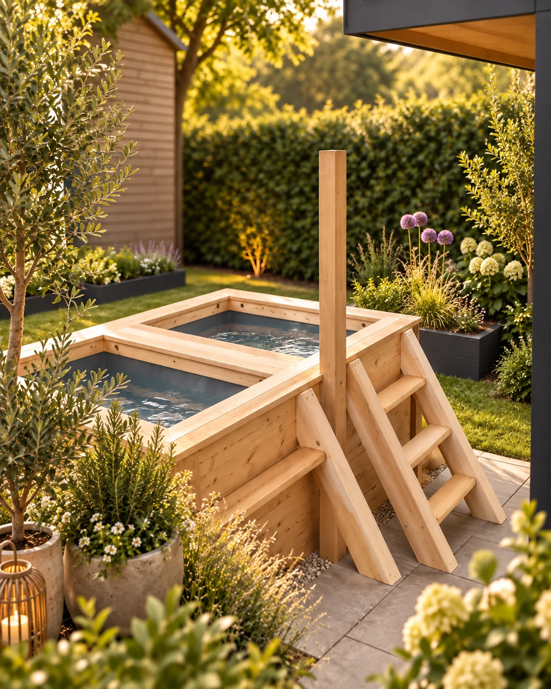 Twin outdoor cold-plunge tubs with wooden steps among garden planting
